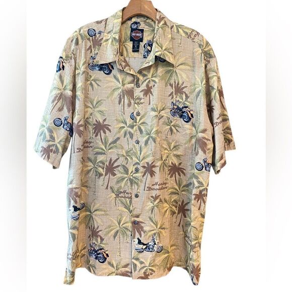 Harley Davidson Tori Richards XL Rare Beige Tropical Motorcycle Palm Print Shirt - Picture 2 of 9